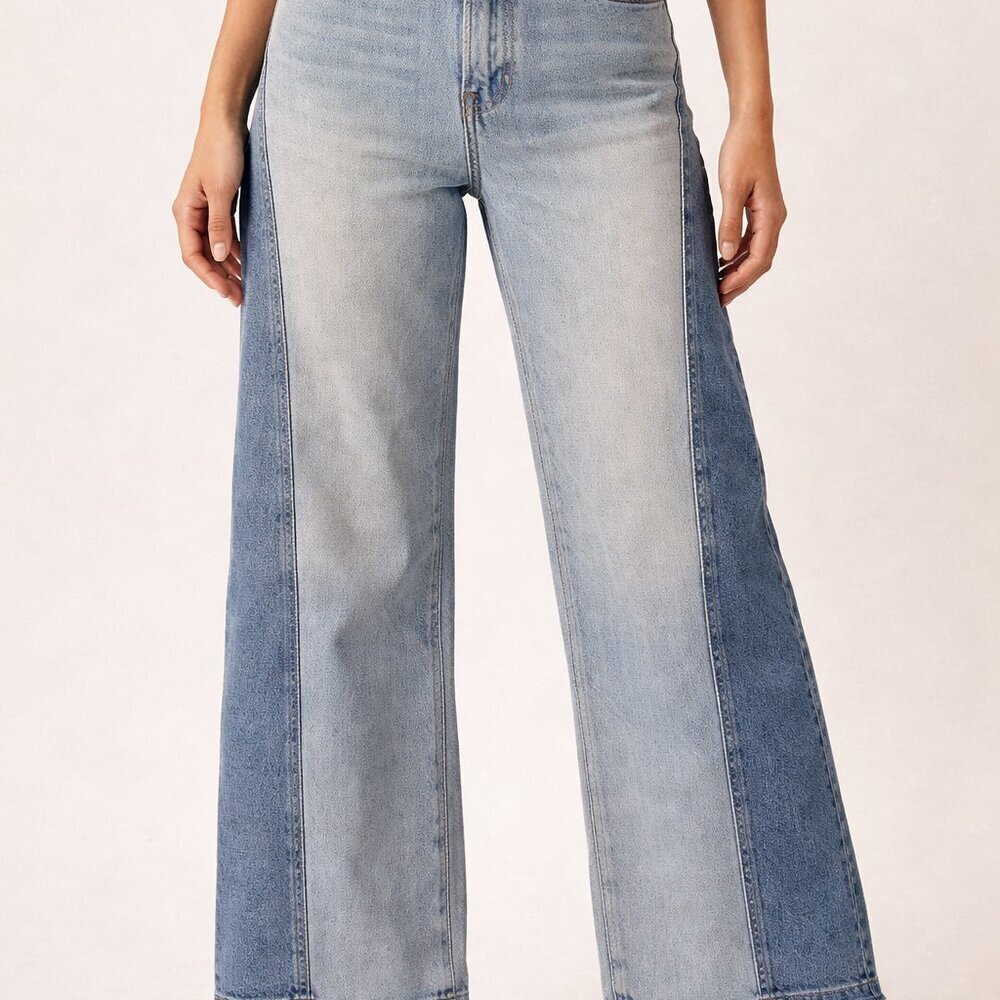 Zara Two Tone Patchwork Wide Leg Jeans Zip Front High Rise Denim Size 0